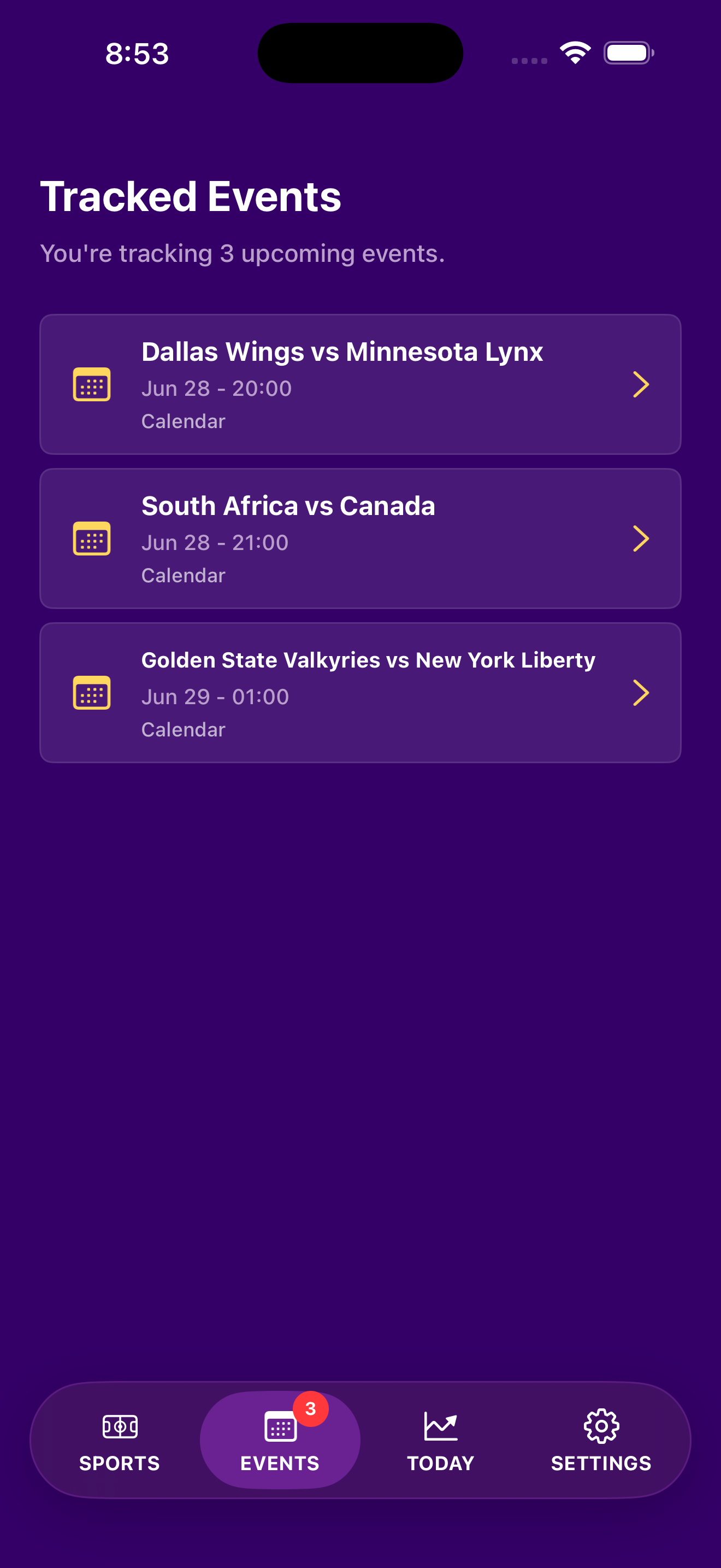 Tracked events screen