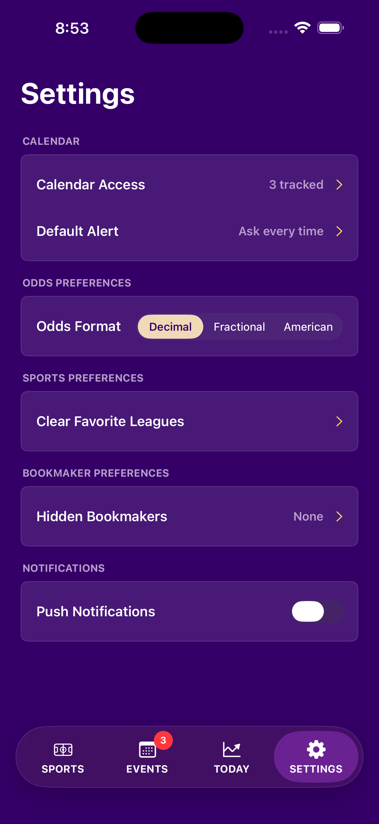 Settings screen