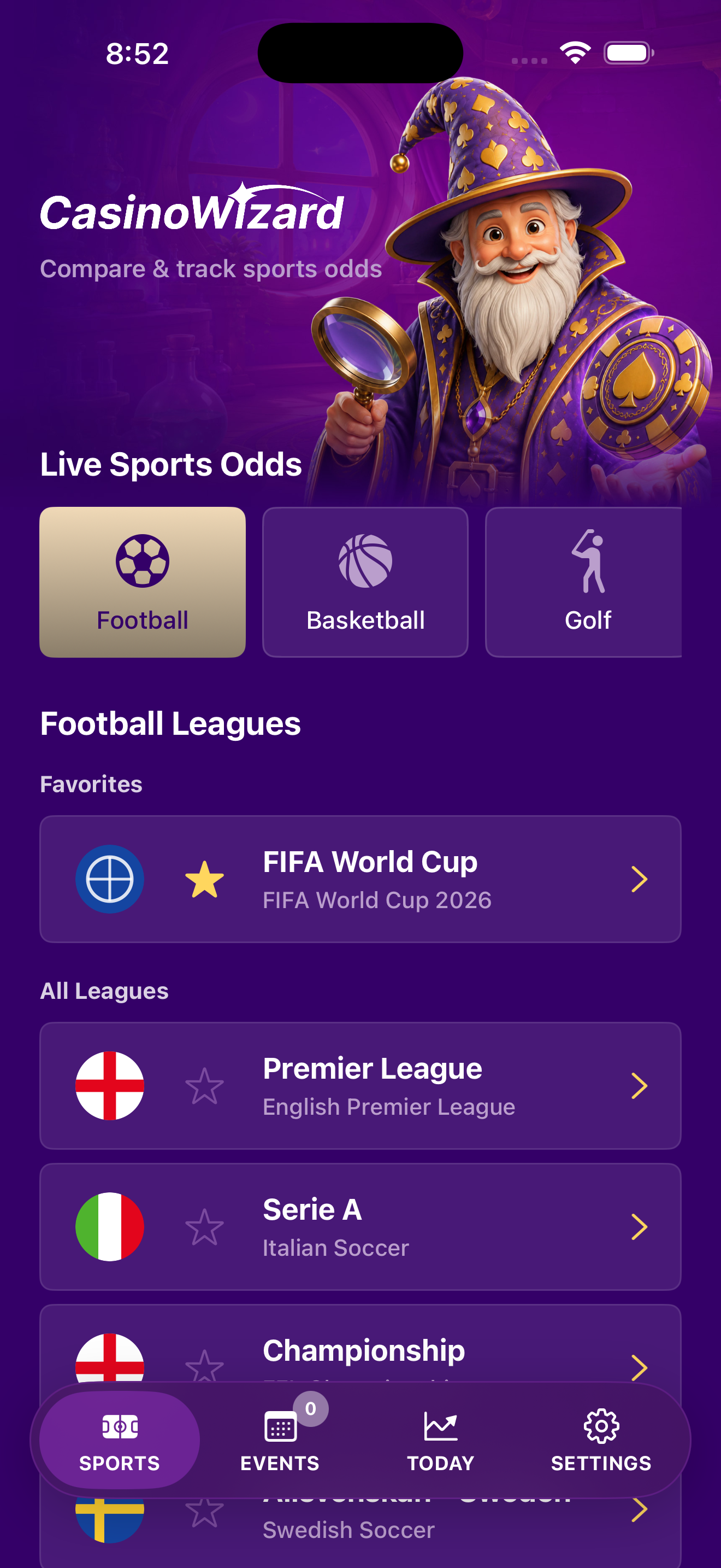 CasinoWizard sports odds screen